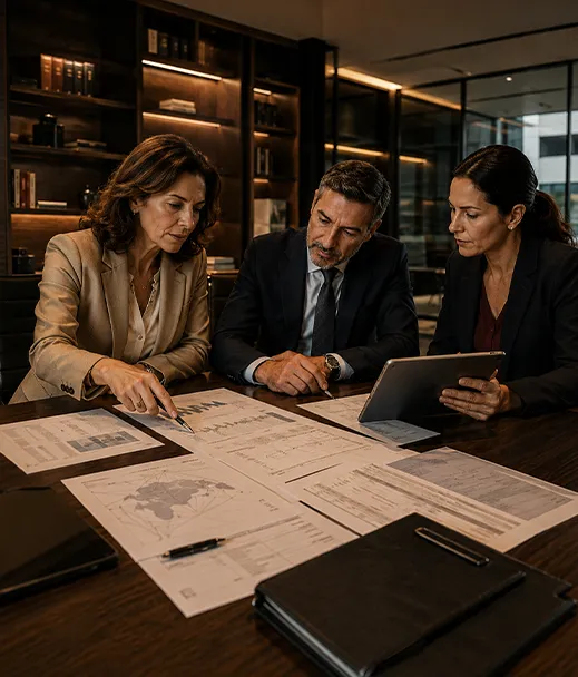 Profissionais analisando documentos de uma operação de comércio exterior