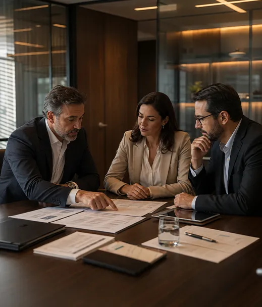 Profissionais analisando documentos relacionados às relações de trabalho em reunião consultiva