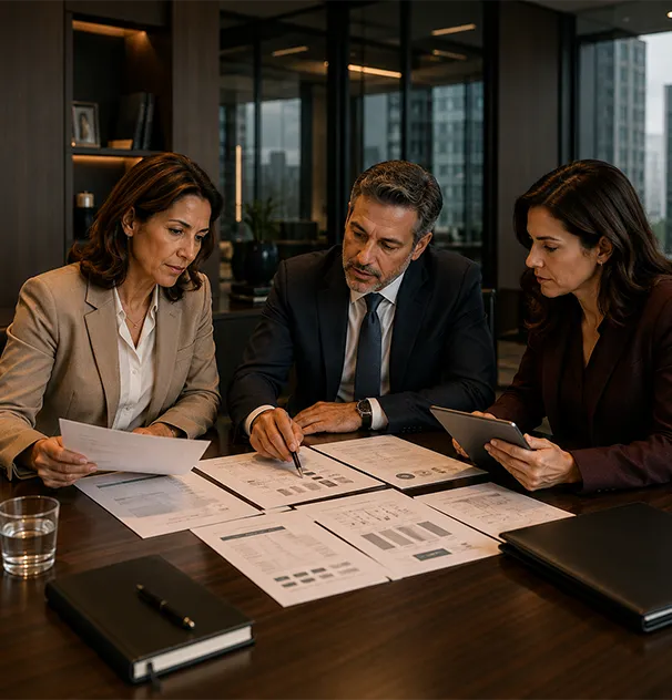 Profissionais analisando relações de trabalho, documentos e responsabilidades empresariais