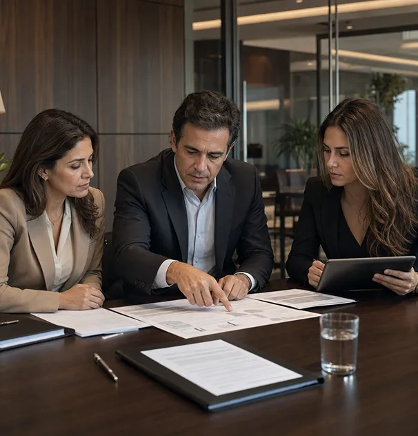 Profissionais analisando documentos relacionados aos efeitos tributários de uma operação empresarial