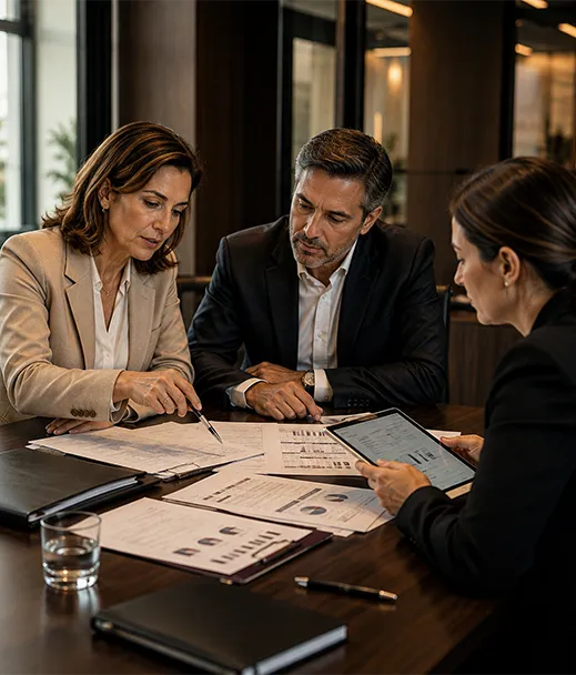 Profissionais analisando documentos e informações tributárias em reunião empresarial