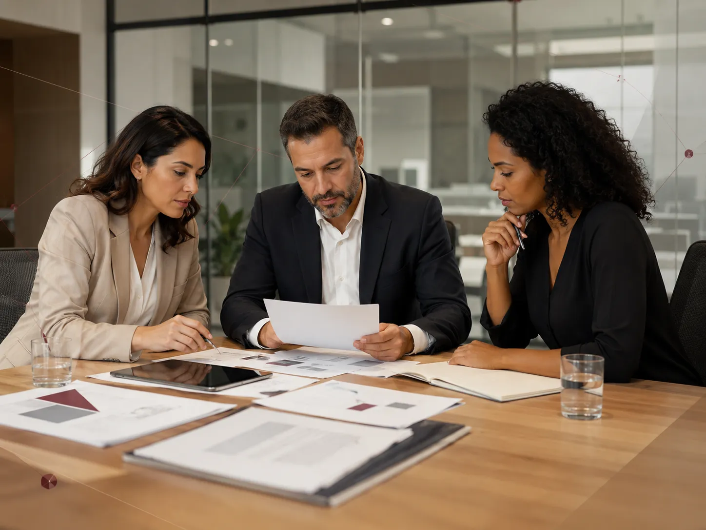 Profissionais analisando documentos em reunião empresarial.