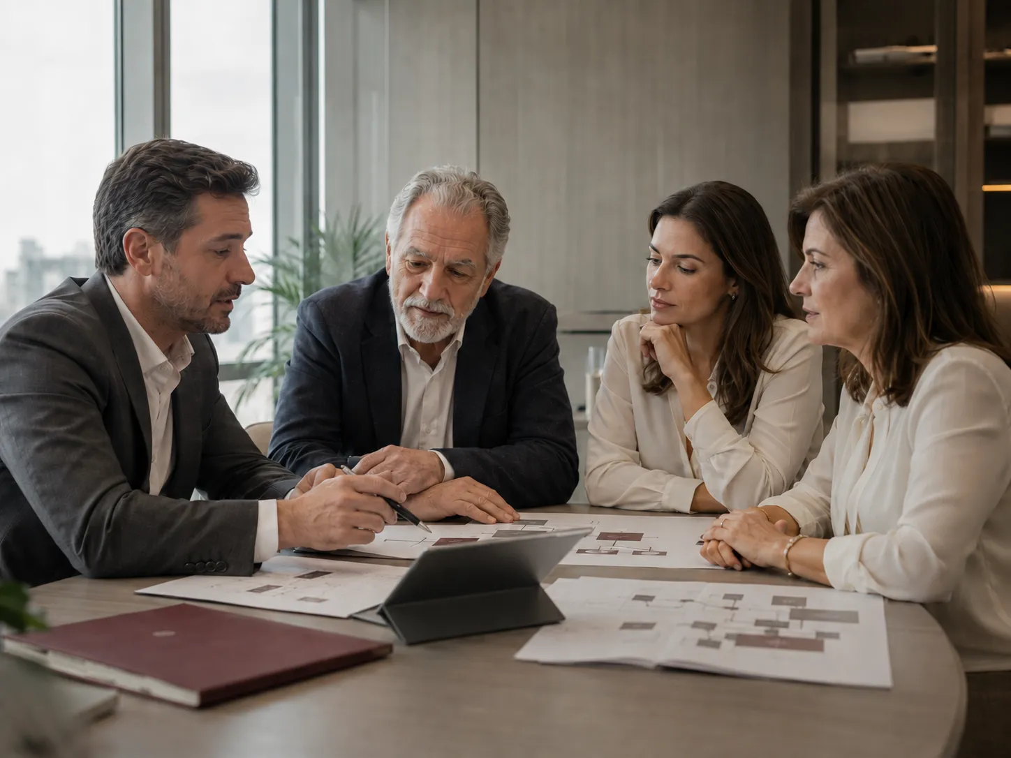 Família empresária em reunião de planejamento patrimonial.