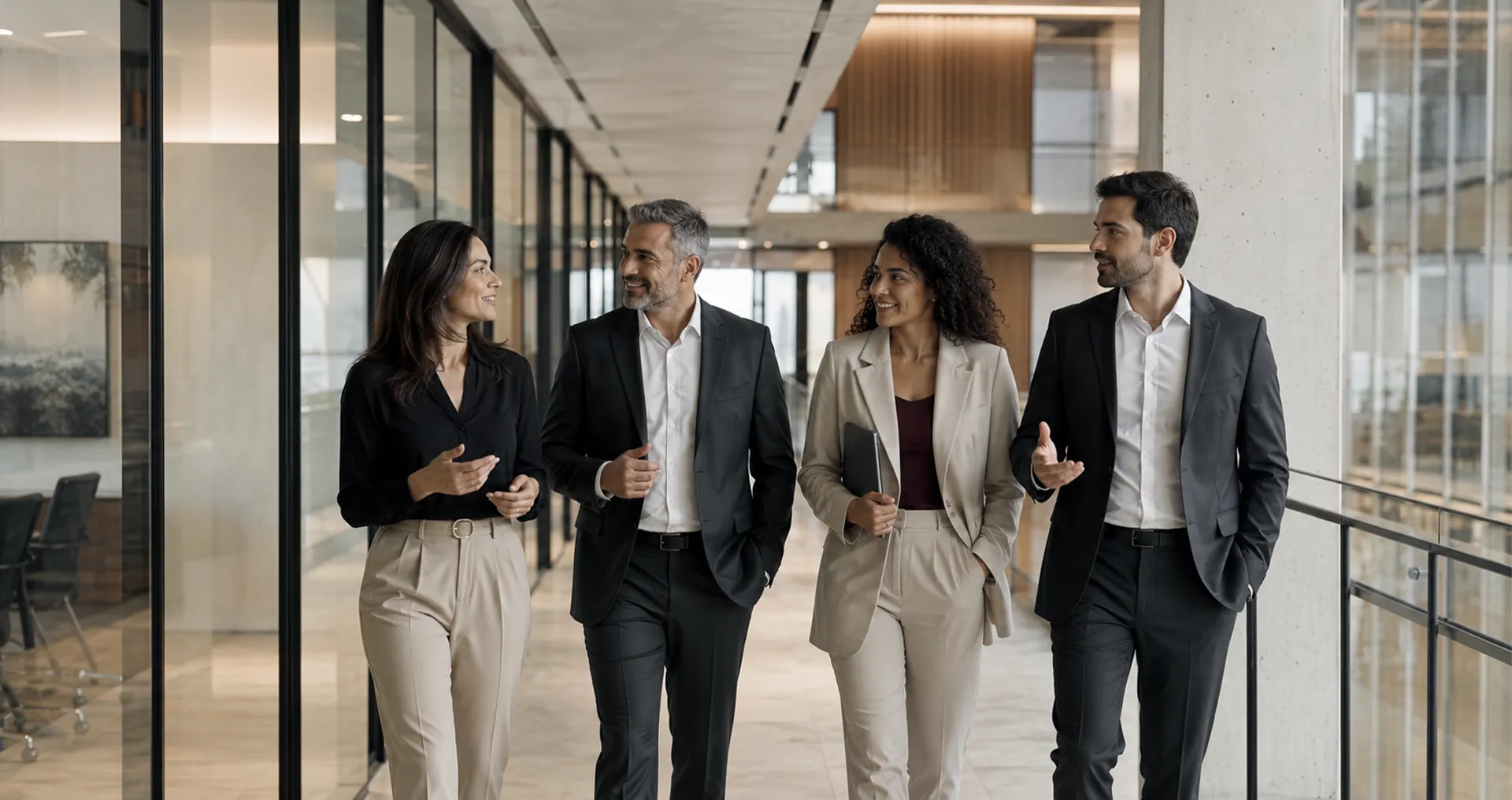 Profissionais caminhando por um ambiente corporativo durante uma conversa estratégica.