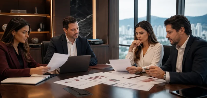 Sócios analisam acordo de sócios e regras de governança para organizar decisões empresariais.