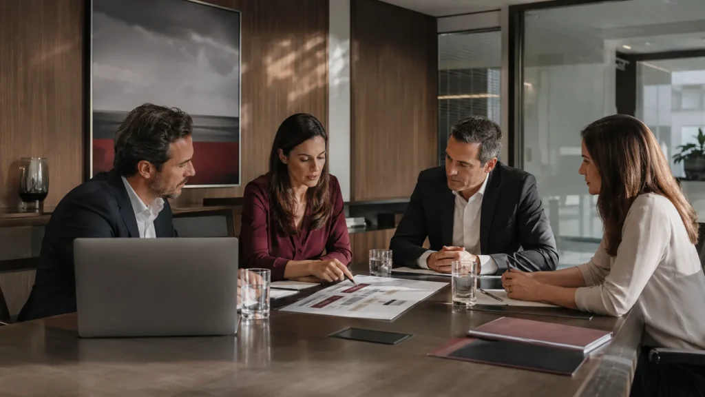 Sócios analisam sucessão, saída de participantes e continuidade empresarial em planejamento societário.