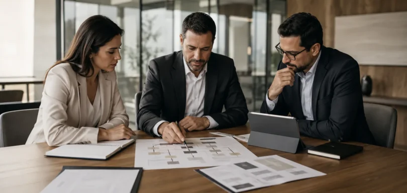 Profissionais analisando decisões e estrutura empresarial em reunião consultiva.