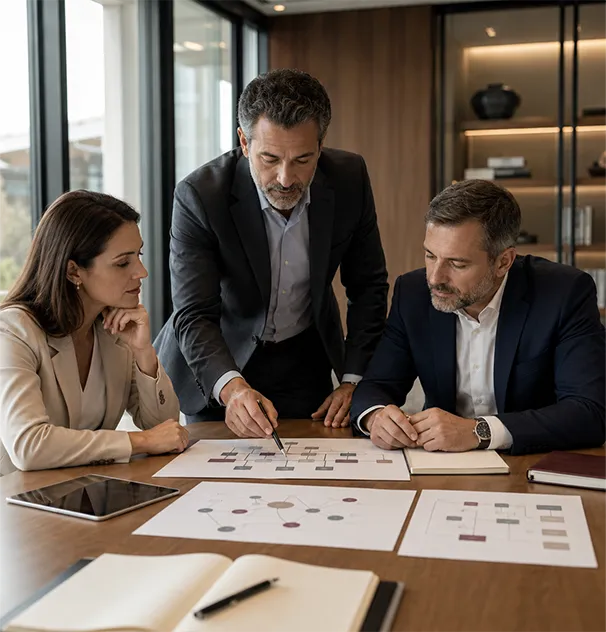 Profissionais analisando estrutura, relações e responsabilidades empresariais.