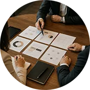 Profissionais organizando documentos e prioridades em uma análise empresarial.