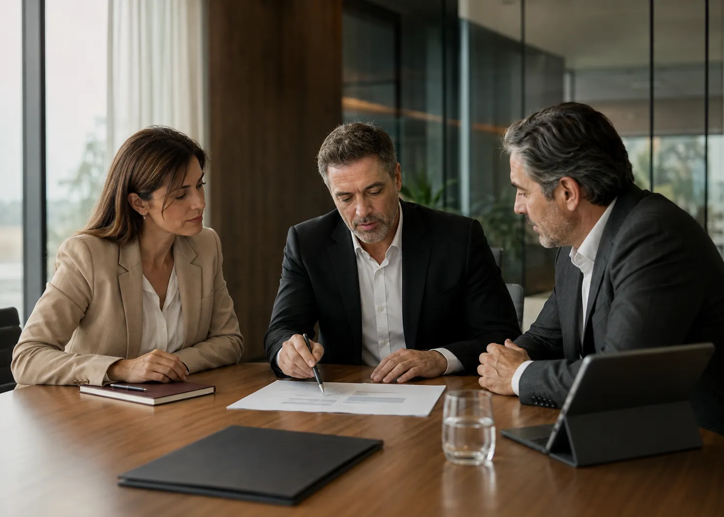 Profissionais analisando informações durante uma reunião consultiva.