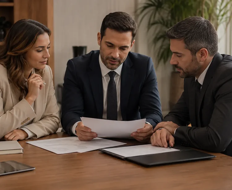 Profissionais analisando documentos relacionados a contratos, obrigações e patrimônio.