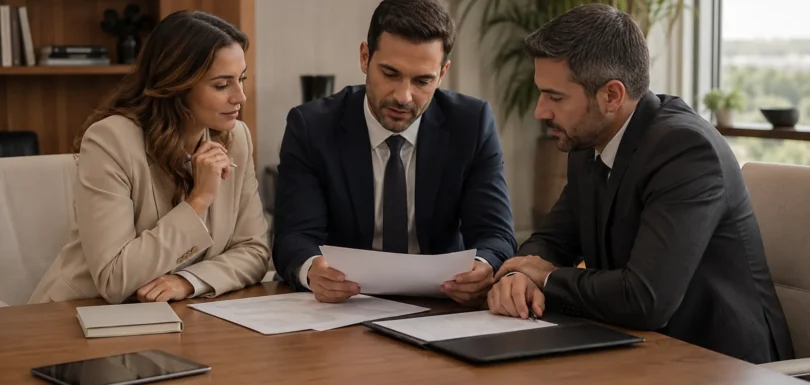 Profissionais analisando documentos relacionados a contratos, obrigações e patrimônio.