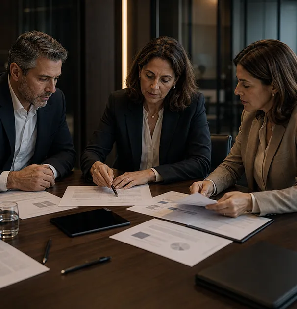 Profissionais analisando documentos relacionados a contratos, obrigações e patrimônio.