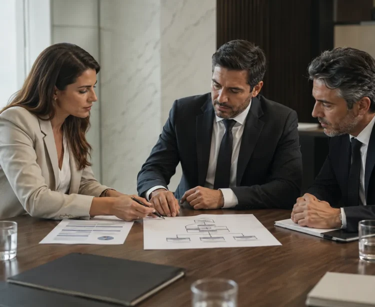 Profissionais analisando relações societárias e estrutura empresarial em reunião.