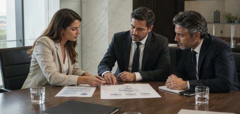 Profissionais analisando relações societárias e estrutura empresarial em reunião.