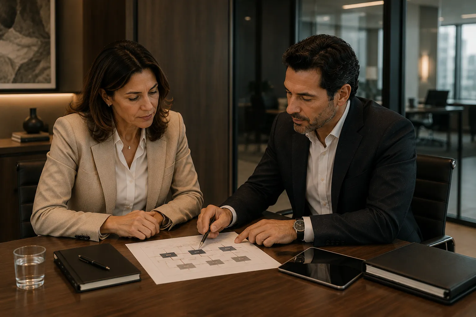 Profissionais analisando documentos relacionados à estrutura empresarial.