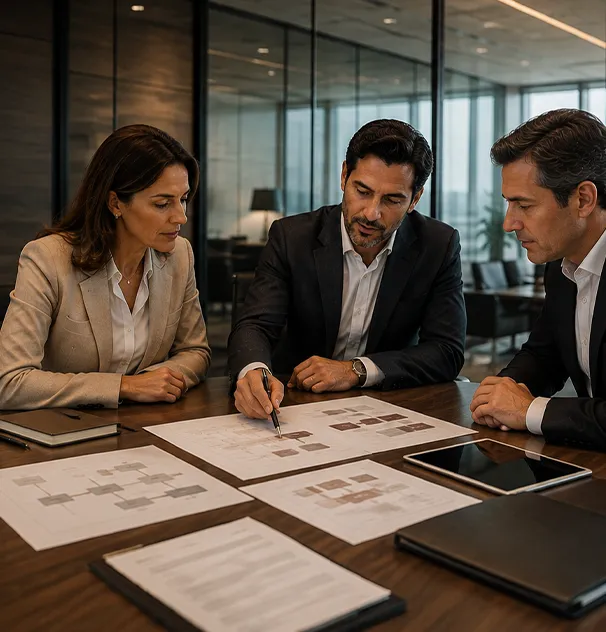 Profissionais analisando a estrutura societária e as relações de uma empresa.
