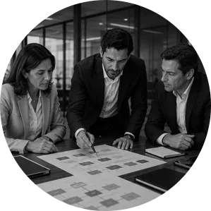 Profissionais analisando estrutura e documentos empresariais.