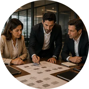 Profissionais analisando estrutura e documentos empresariais.