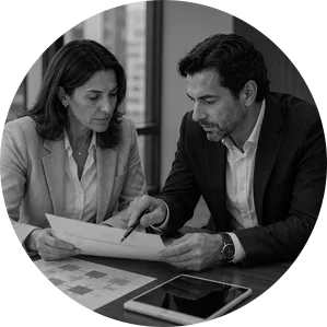 Profissionais relacionando documentos e responsabilidades empresariais em preto e branco.