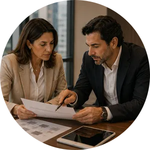 Profissionais relacionando documentos e responsabilidades empresariais.