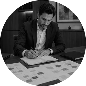 Documentos empresariais sendo organizados sobre mesa executiva em preto e branco.