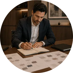 Documentos empresariais sendo organizados sobre mesa executiva.