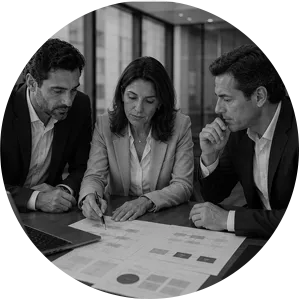 Profissionais revisando documentos durante acompanhamento empresarial em preto e branco.