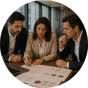 Profissionais revisando documentos durante acompanhamento empresarial.