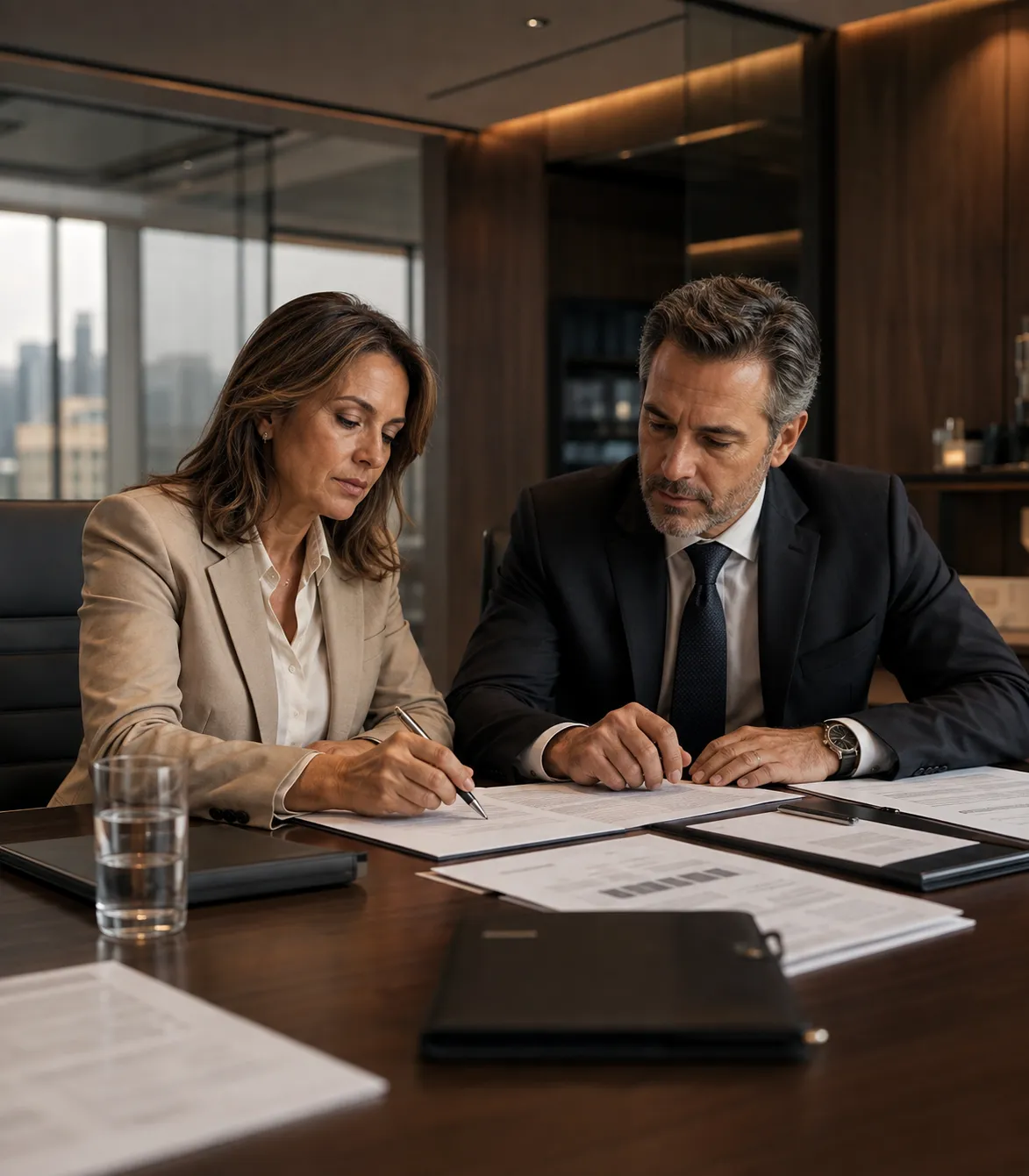 Profissionais analisando documentos relacionados a uma situação jurídica internacional em ambiente corporativo