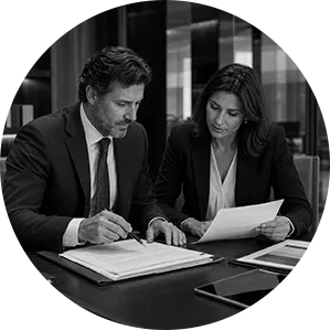 Profissionais analisando lei aplicável e jurisdição em preto e branco.
