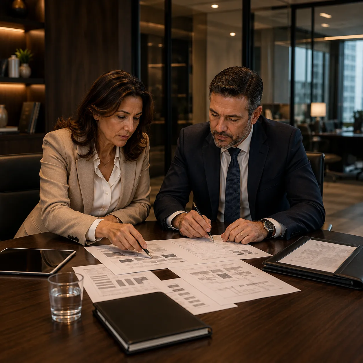 Profissionais analisam documentos relacionados a relações de trabalho em reunião empresarial