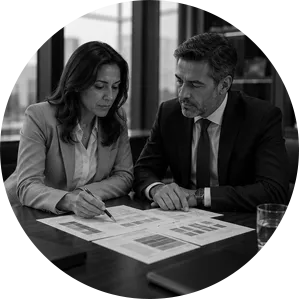 Profissionais analisando documentos para compreensão de uma relação de trabalho em preto e branco.