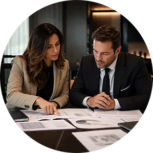 Profissionais analisando documentos de uma operação empresarial