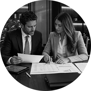 Profissionais analisando obrigações relacionadas a uma operação empresarial em preto e branco.