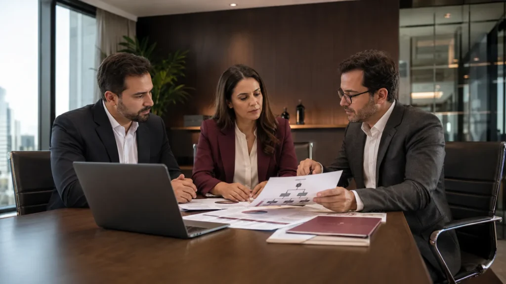 Profissionais analisam estrutura de aquisição, documentos e riscos durante uma due diligence jurídica.