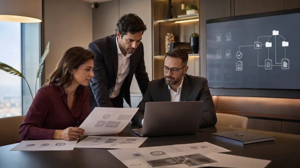 Profissionais analisam marcas, software e ativos digitais durante due diligence jurídica empresarial.