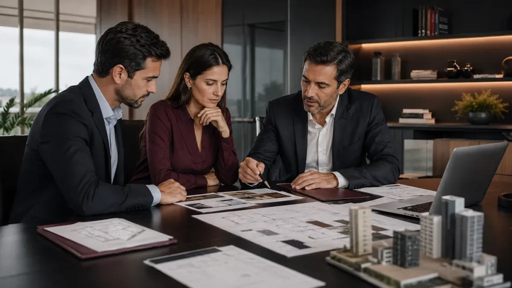 Proprietários e consultor analisam imóveis, patrimônio e objetivos antes de criar uma holding patrimonial.