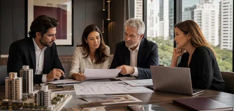 Família empresária analisa holding patrimonial, imóveis e planejamento de longo prazo.