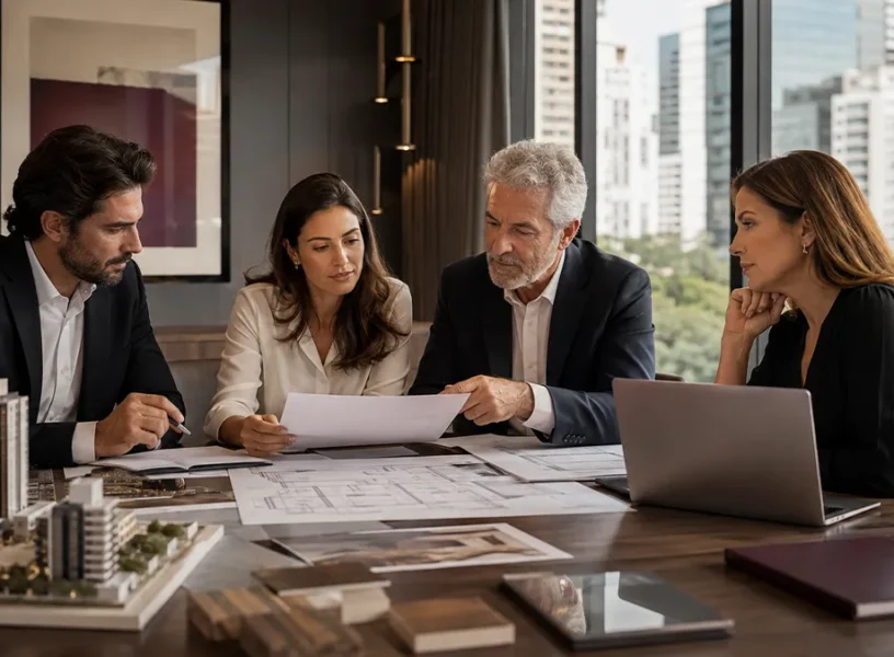 Família empresária analisa holding patrimonial, imóveis e planejamento de longo prazo.