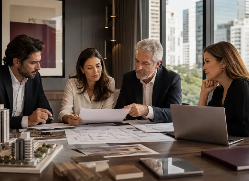 Família empresária analisa holding patrimonial, imóveis e planejamento de longo prazo.