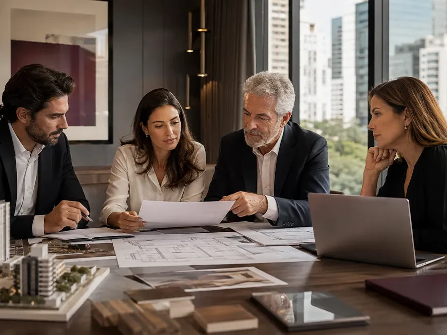 Família empresária analisa holding patrimonial, imóveis e planejamento de longo prazo.