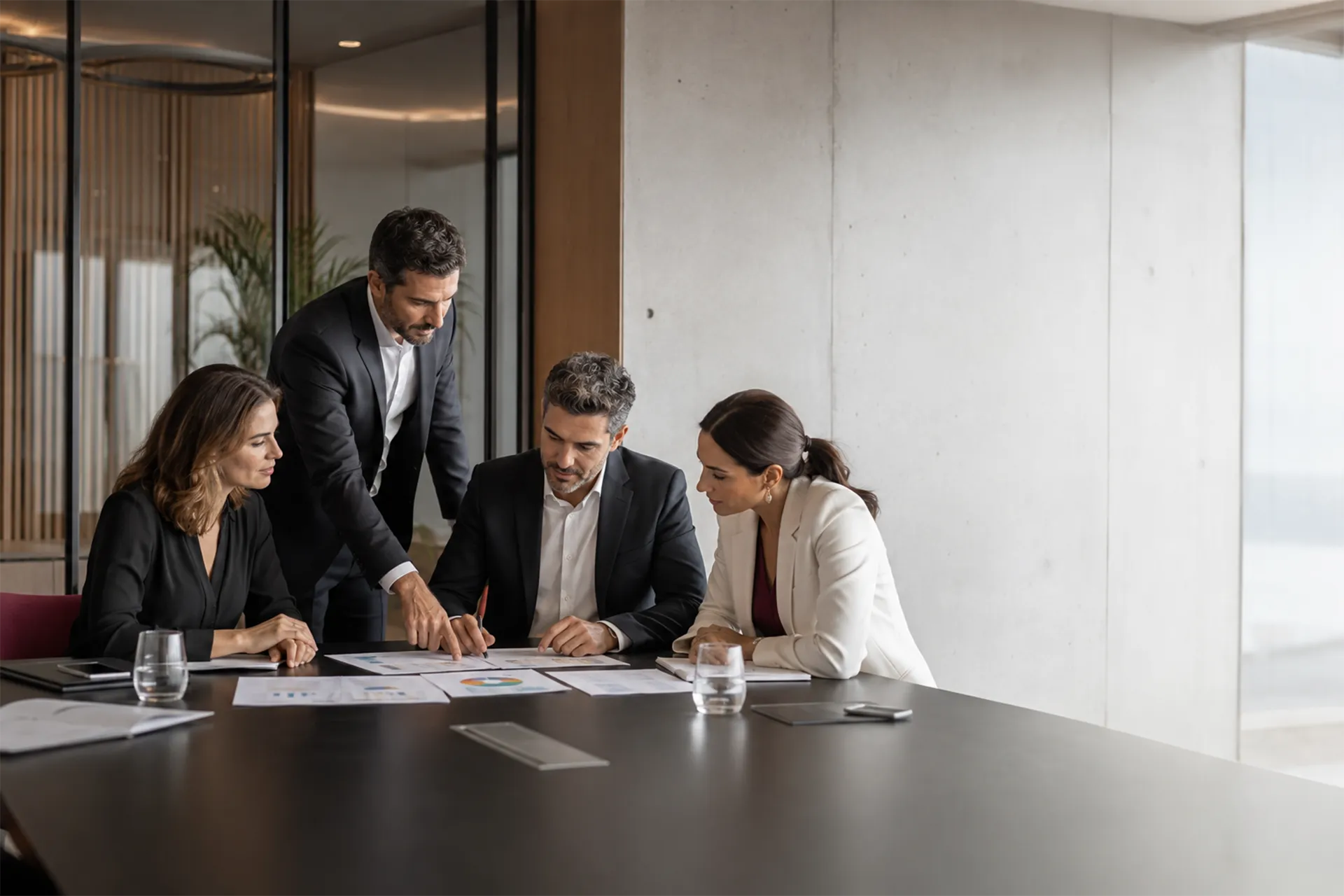 Profissionais analisando documentos durante uma reunião estratégica em ambiente corporativo.