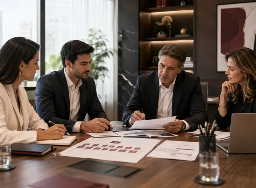 Família empresária analisa planejamento sucessório empresarial, governança e continuidade da empresa.