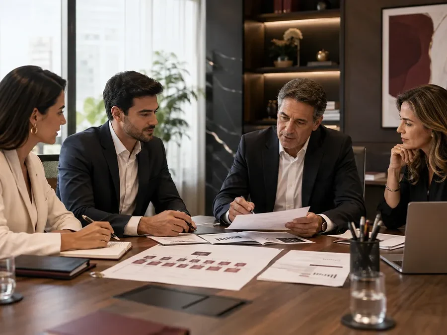 Família empresária analisa planejamento sucessório empresarial, governança e continuidade da empresa.