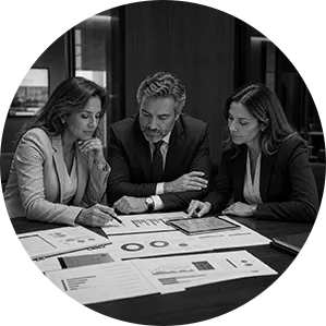 Profissionais realizando diagnóstico integrado no Projeto Blindar da Bezerra Consulting em preto e branco.