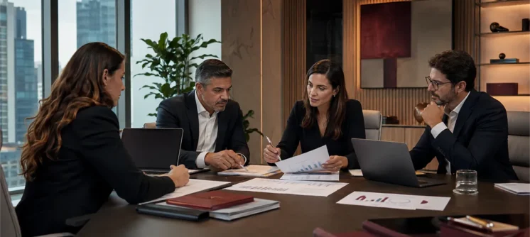 Equipe empresarial analisa os impactos da reforma tributária 2026, CBS e IBS nas operações da empresa.