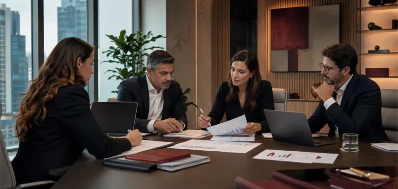 Equipe empresarial analisa os impactos da reforma tributária 2026, CBS e IBS nas operações da empresa.