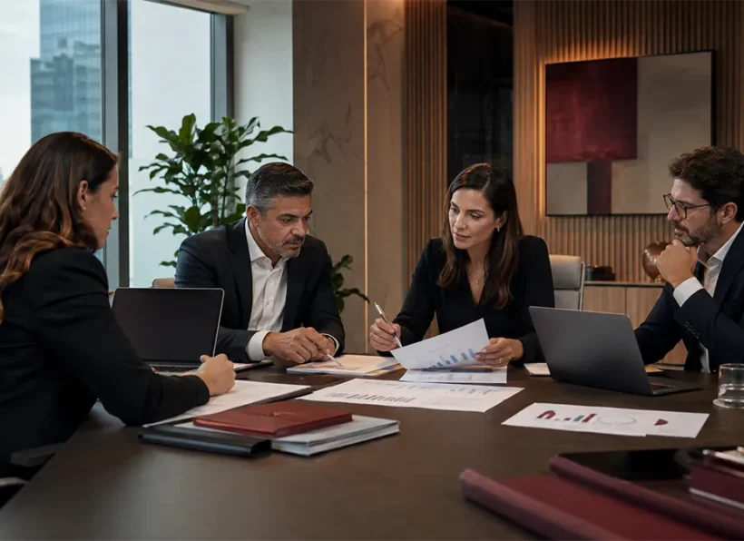 Equipe empresarial analisa os impactos da reforma tributária 2026, CBS e IBS nas operações da empresa.