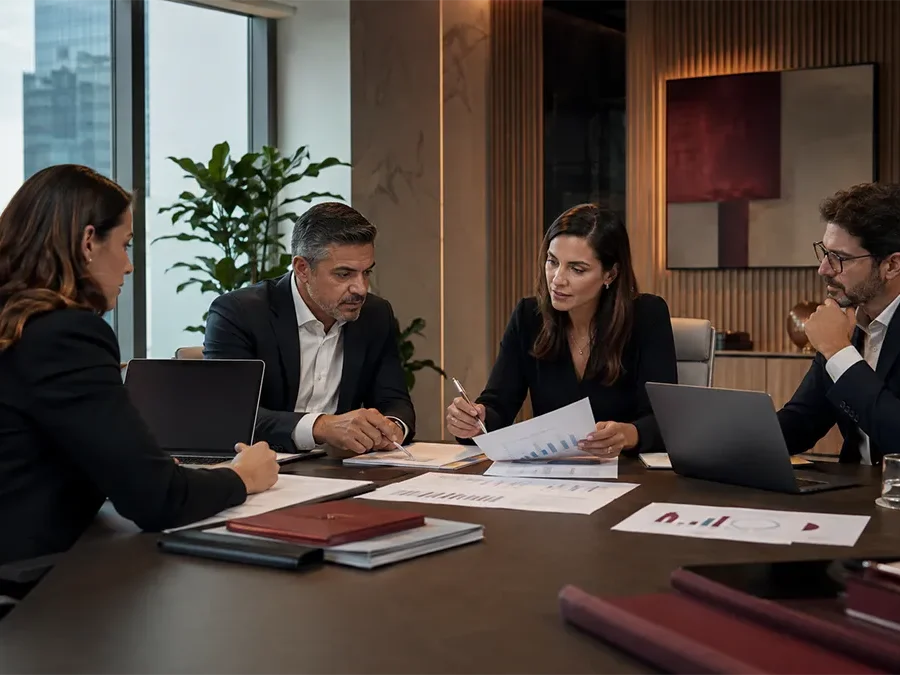 Equipe empresarial analisa os impactos da reforma tributária 2026, CBS e IBS nas operações da empresa.